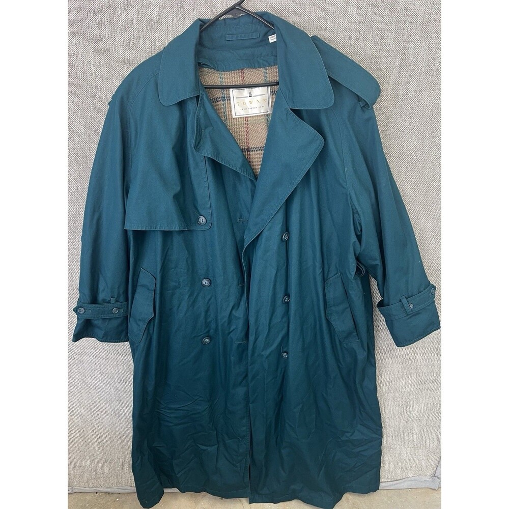 Towne from London Fog Men's Green Long Trench Coat Plaid Lined Size 20.5 REG